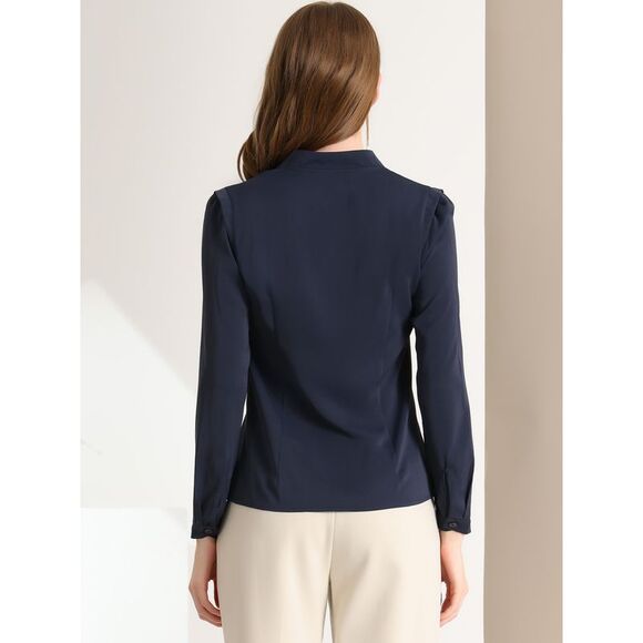 Blouse Button Up Long Sleeve V Neck Chiffon Shirt Navy Blue - Picture 5 of 6